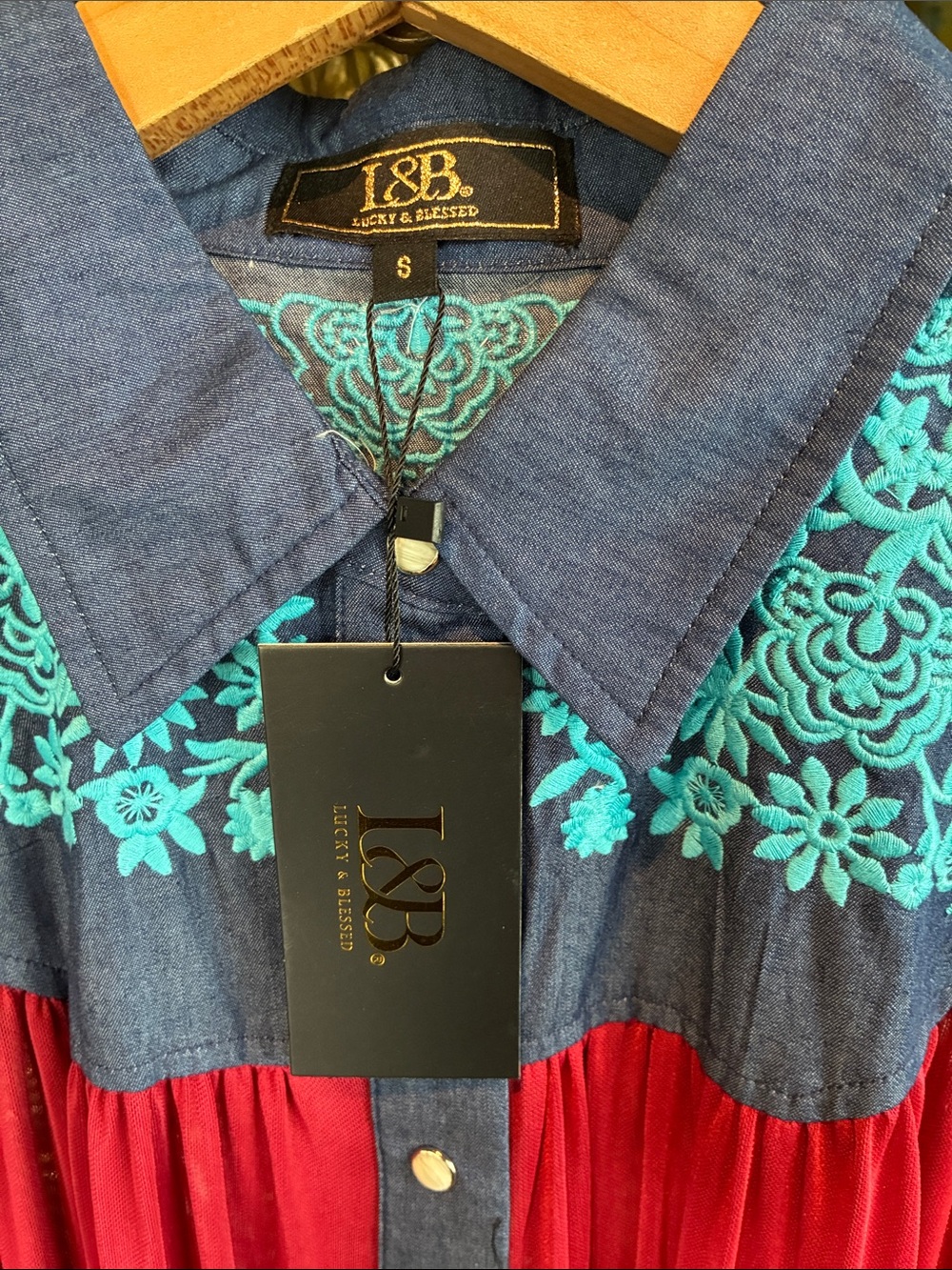 Boho Sheer Longline Shirt Dress - Red with Blue Embroidered Yoke - Picture 3 of 3